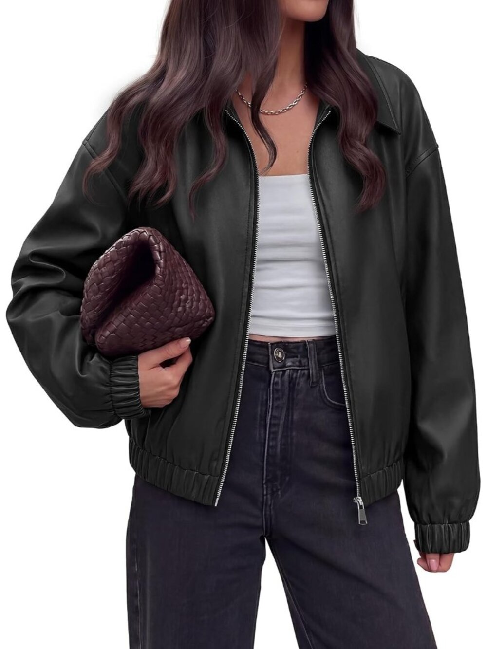 Women Black Leather Lapel Collar Long Sleeve Pockets Zip Up Bomber Jacket
